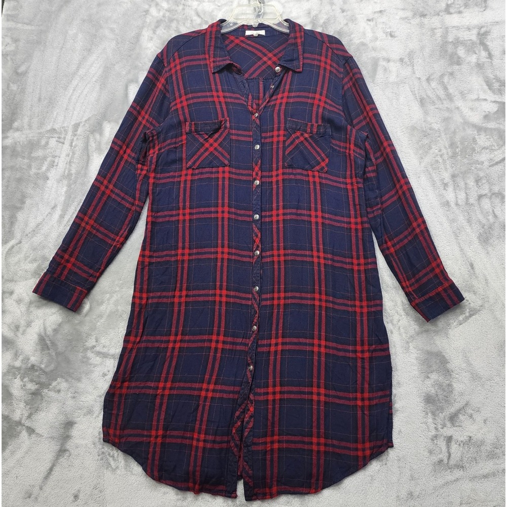 Maurices Top Womens XL Red Blue Plaid Rayon Flannel Duster‎ Tunic Button Down